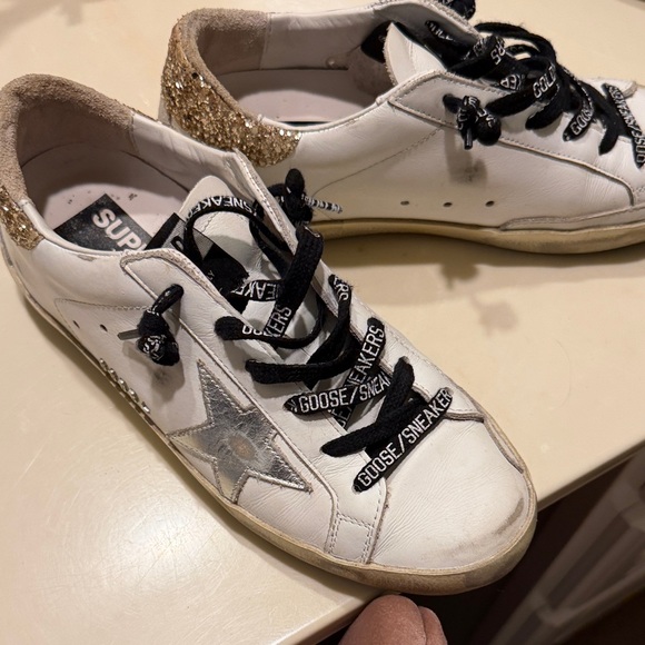 Golden Goose White Leather Sneakers with Silver Star & Gold Glitter Heel